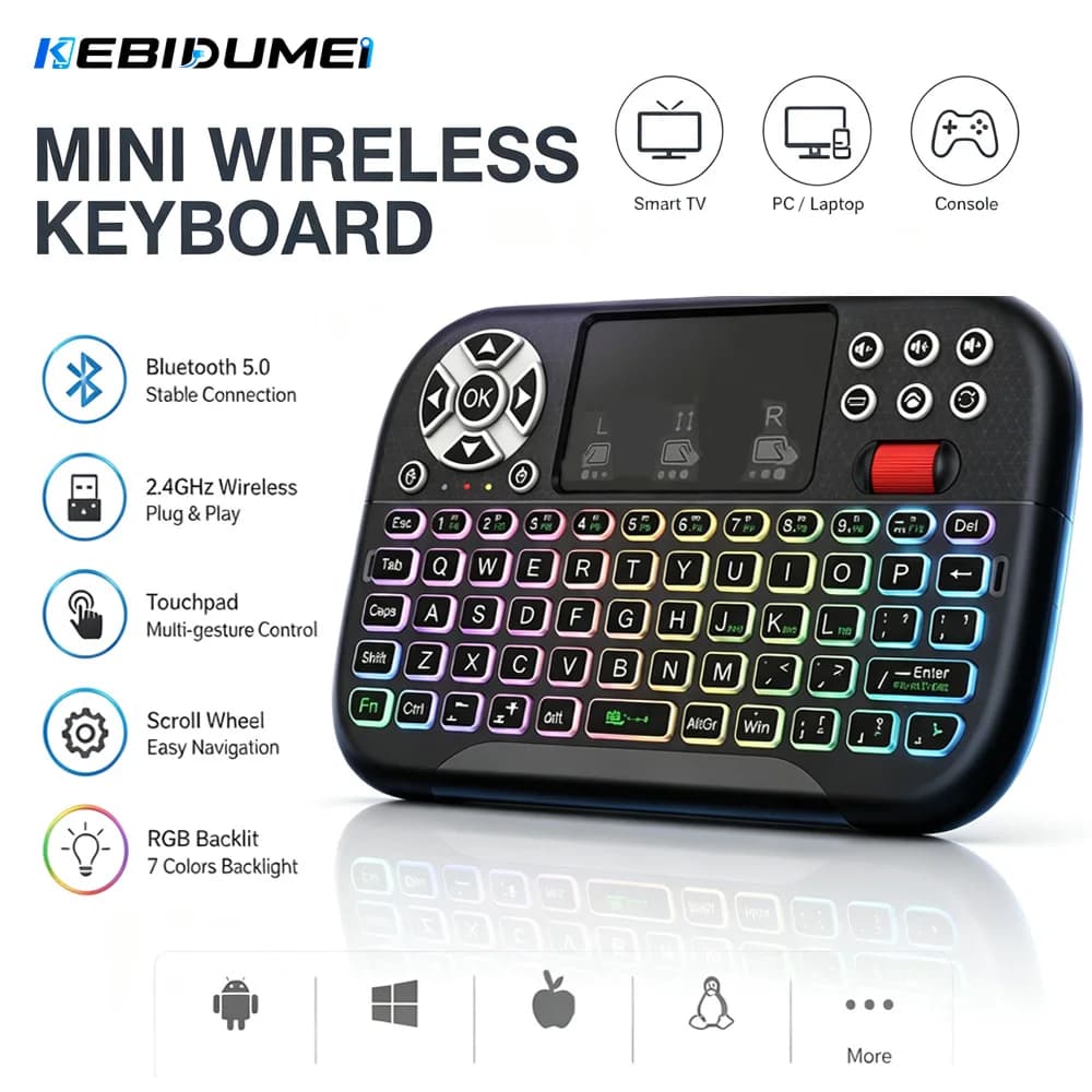 KEBIDUMEI RGB Wireless Keyboard With Scroll Wheel Touchpad BT 2.4G Dual Mode Mini Handheld Mouse Keyboard for PC TV Projector