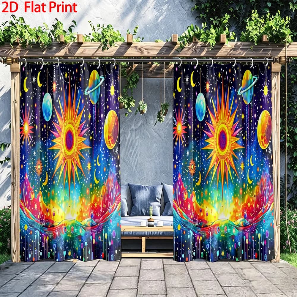 1PC/2PC outdoor window shade including hooks; featuring vibrant celestial sun, moon and galaxy prints; machine washable; ideal f