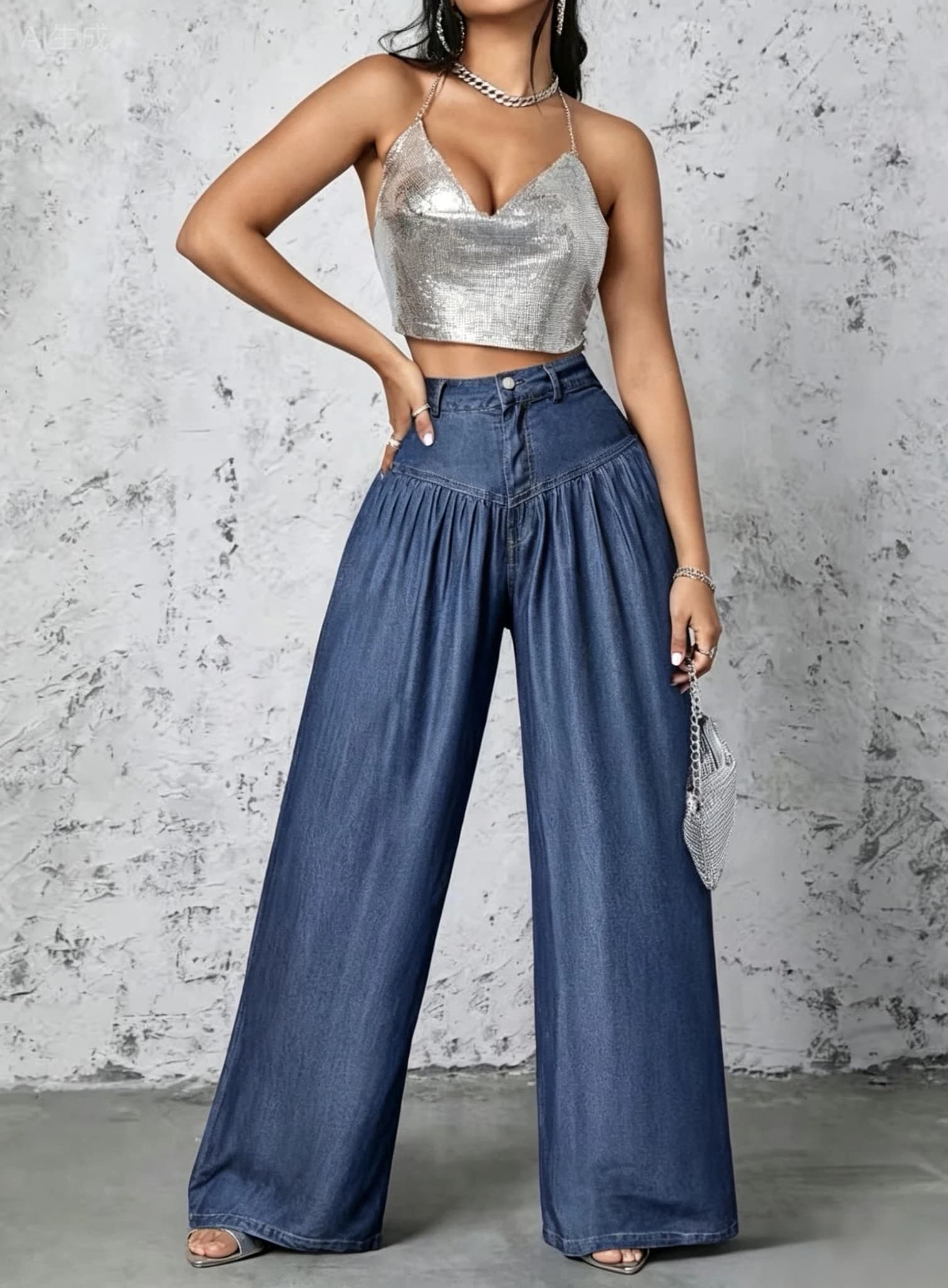 High-waisted, V-shaped pleated denim wide-leg pants with a trendy, chic style—flowy, relaxed-fit, floor-length trousers.