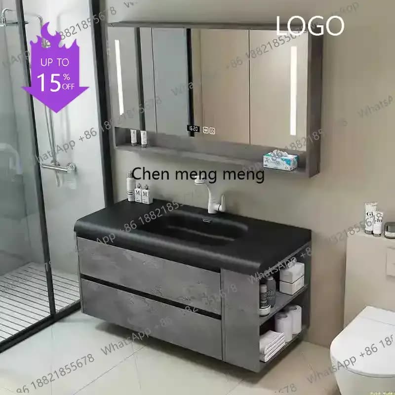 Mobile da Bagno in Legno Massello Stile Italiano Semplice, Combo Lavabo Nordico con Specchio e Mensole, Arredamento per Bagno