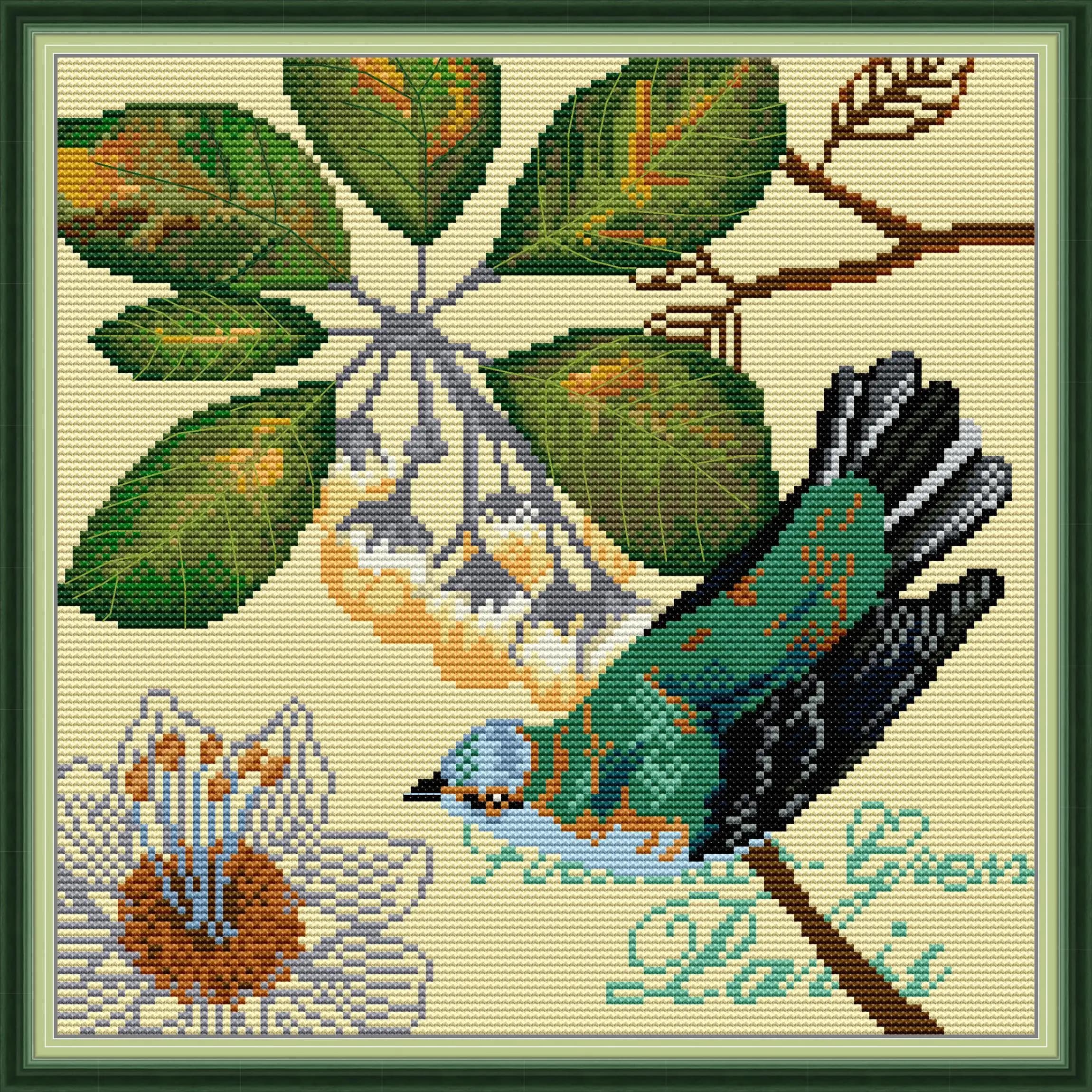 Soulgift News Kit punto croce prestampato, tessuto Aida stampato con fili DMC, kit da ricamo - Uccelli e fiori