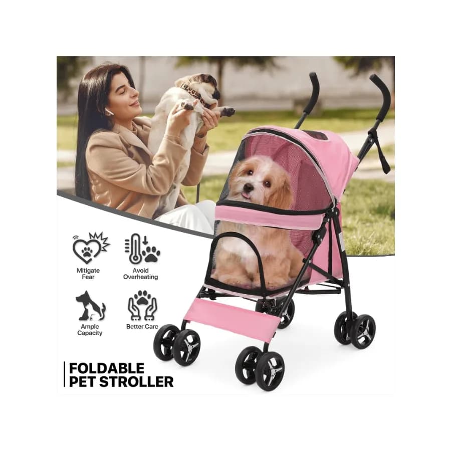 【Nuovo stile】Passeggino per cani MoNiBloom a 4 ruote, passeggino per cuccioli facile da piegare con copertura solare, imbottitura e borsa portaoggetti posteriore, Brea