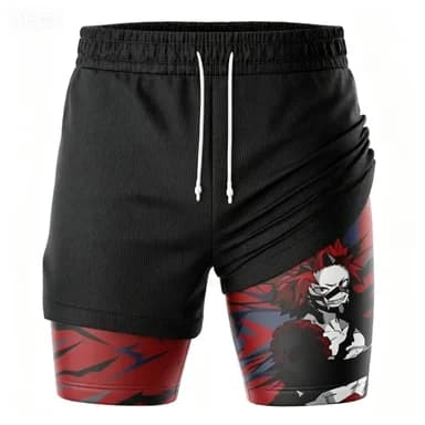 Double Layered Design Sports Shorts with Red and Black Anime Print Summer Training Pants