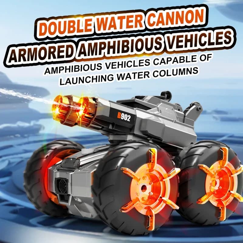Carro Armato RC Anfibio 2.4G con Doppio Controllo, Pistola ad Acqua, Luci LED, Guida Verticale, Rotazione a 360° ° Giocattolo Rotante e Impermeabile