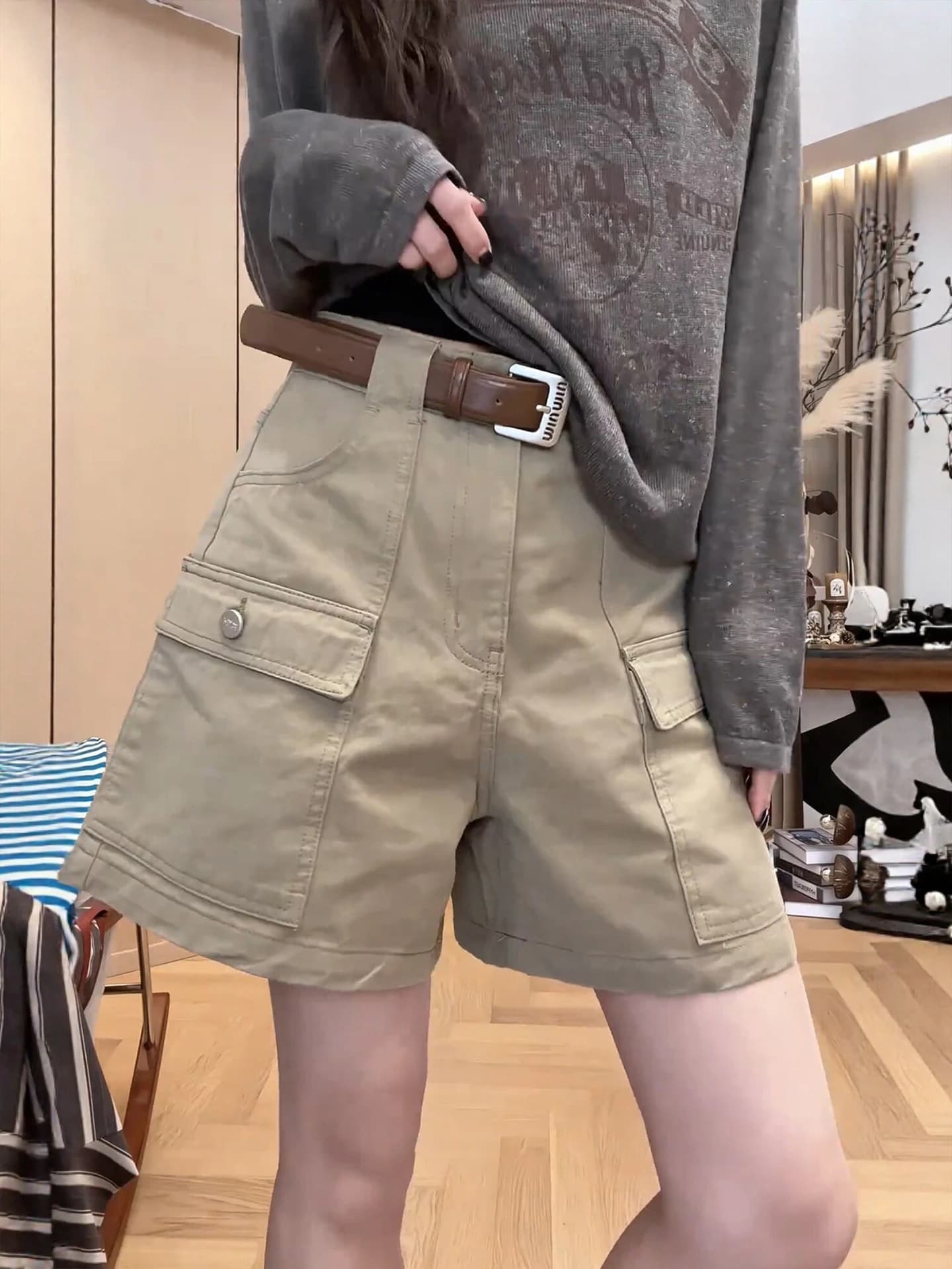 American High Street Casual Workwear Short Pants Women's Multi-Pocket Summer New Design Straight Leg Wide Leg Jeans