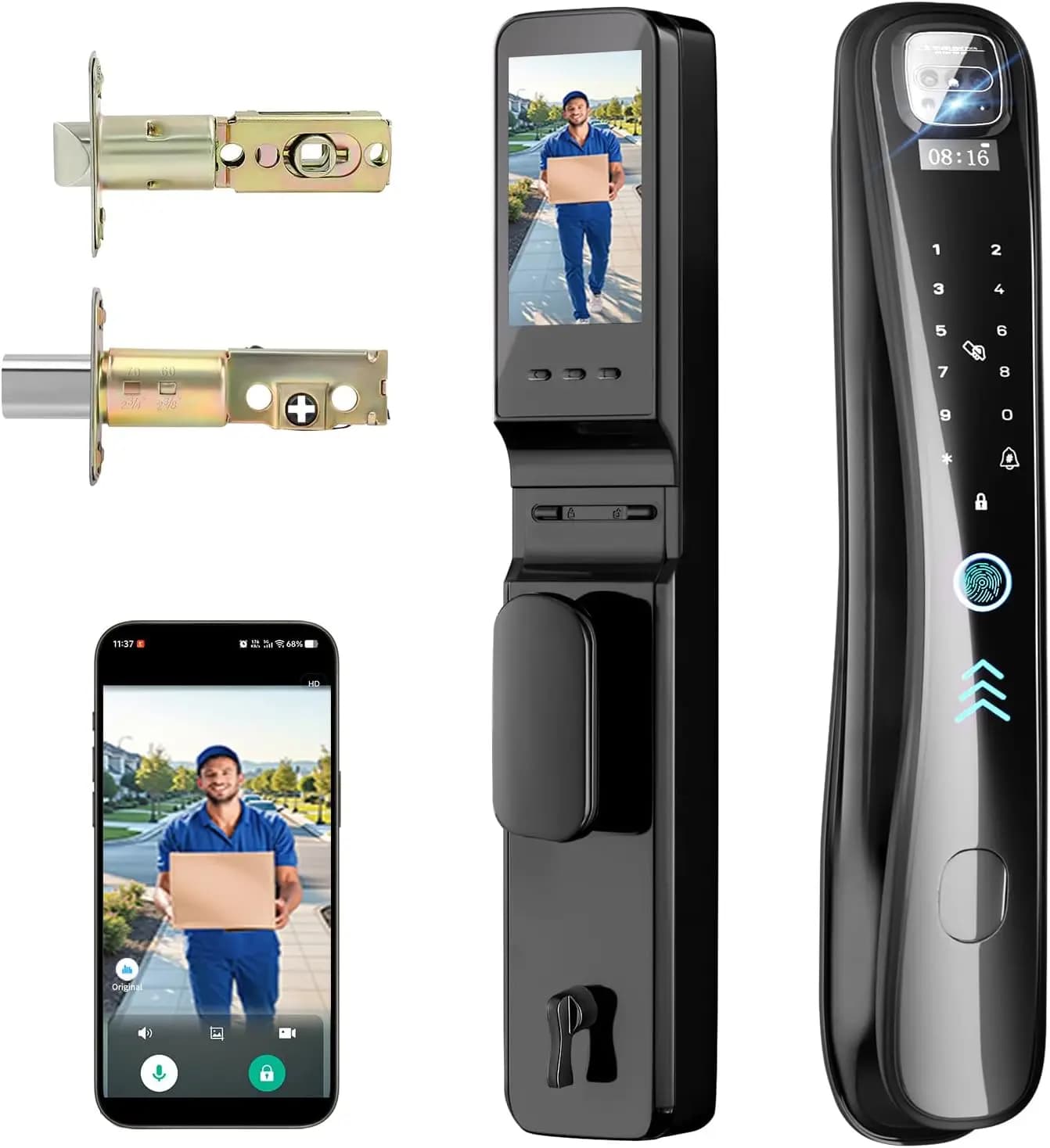 Serratura Intelligente per Porta con Ingresso Senza Chiave, Impronta Digitale, Tastierino, Videocamera, Campanello Wi-Fi, Controllo Vocale, Comunicazione Bidirezionale, Controllo Remoto