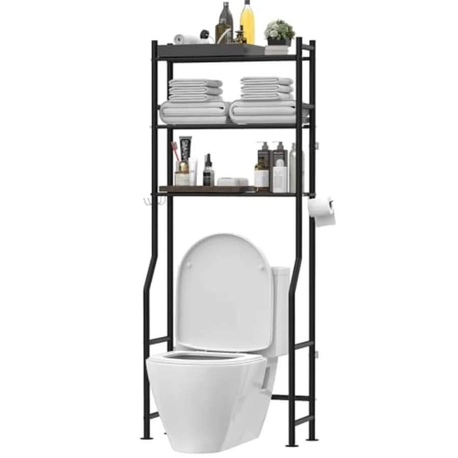 Scaffale a 3 livelli sopra il WC, scaffali da bagno in metallo autoportanti con 4 ganci, scaffale sopra il WC con porta carta igienica