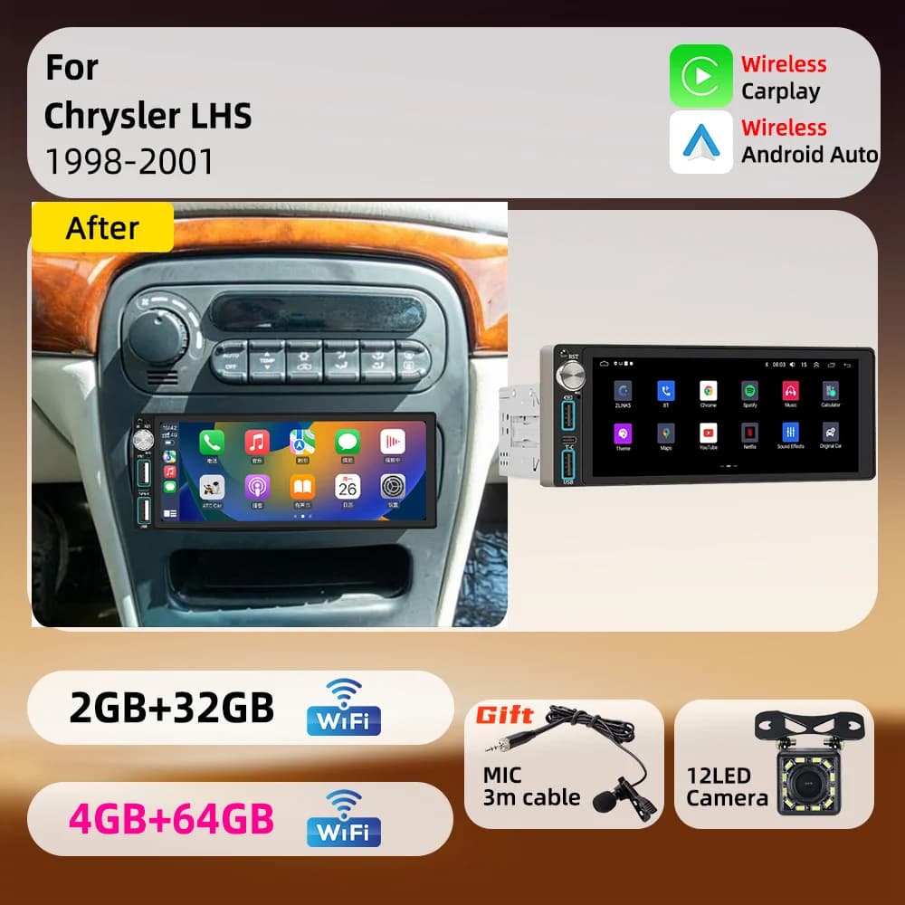6.86" 1 Din Head Unit Radio Wireless Carplay Android Car Stereo Autoradio for Chrysler LHS 1998-2001 Car Multimedia GPS