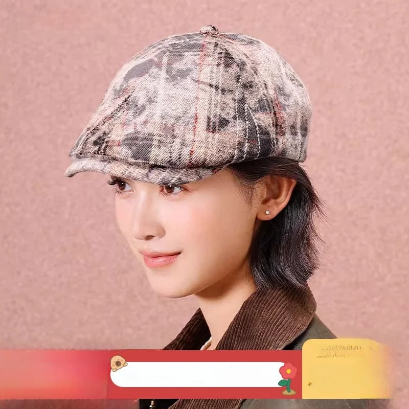 Cool Retro Plaid Cap for Women Autumn Winter Knit Hat Casual Cotton Floral Print Trendy Anime Cartoon Cap for Girls