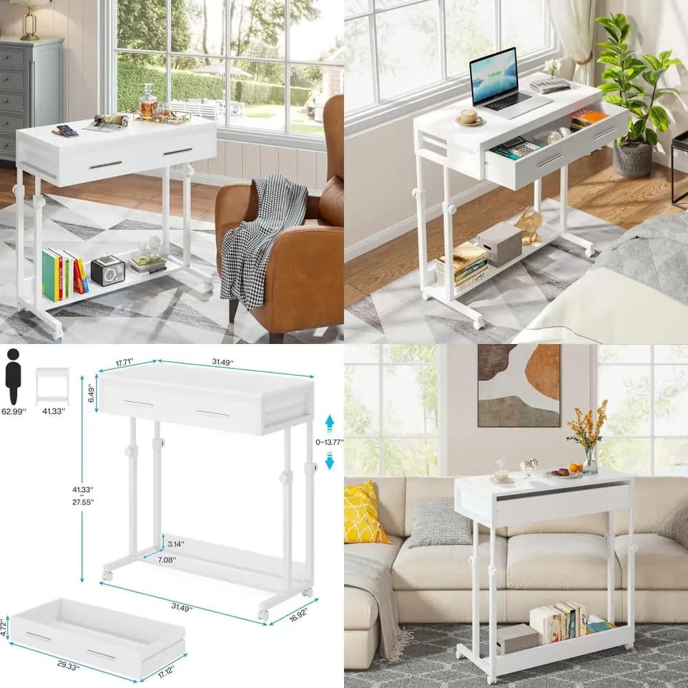 Scrivania portatile con cassetti, scrivania per laptop mobile con ruote, tavolino da divano, scrivania da letto, piccola scrivania in piedi per l'home office (Bianco