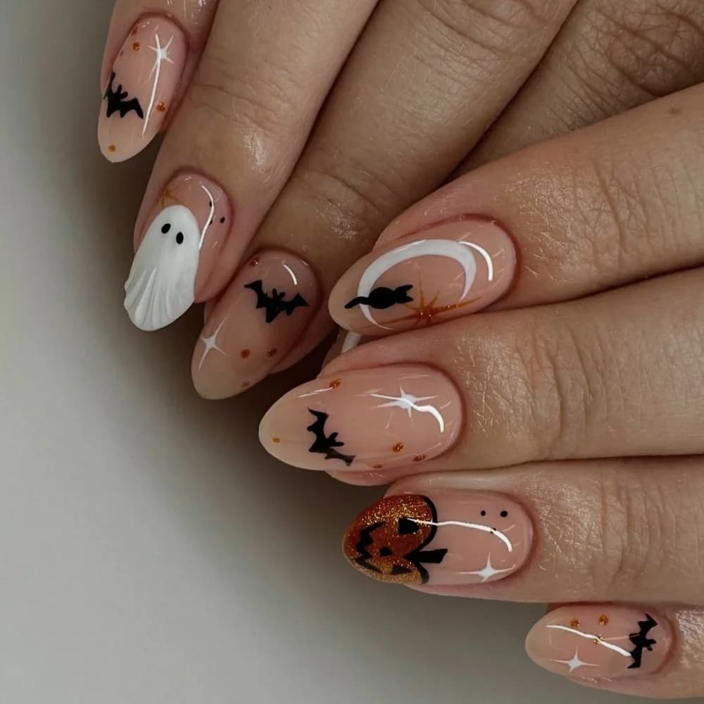 24 pezzi semplice stampa di mandorle sulle unghie carino bianco fantasma pipistrello decorazione unghie finte indossabile riutilizzabile piccante fresco Halloween punte per unghie finte