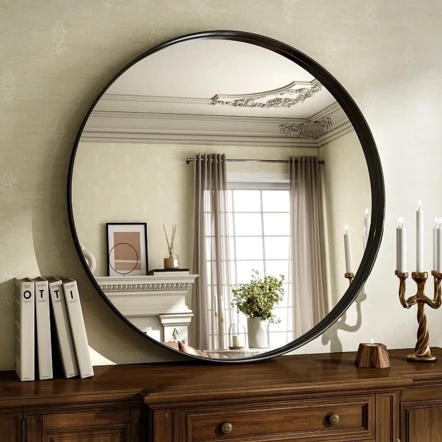 24" Round Bathroom Mirror Wall Mounted Mirror with Deep Frame Black