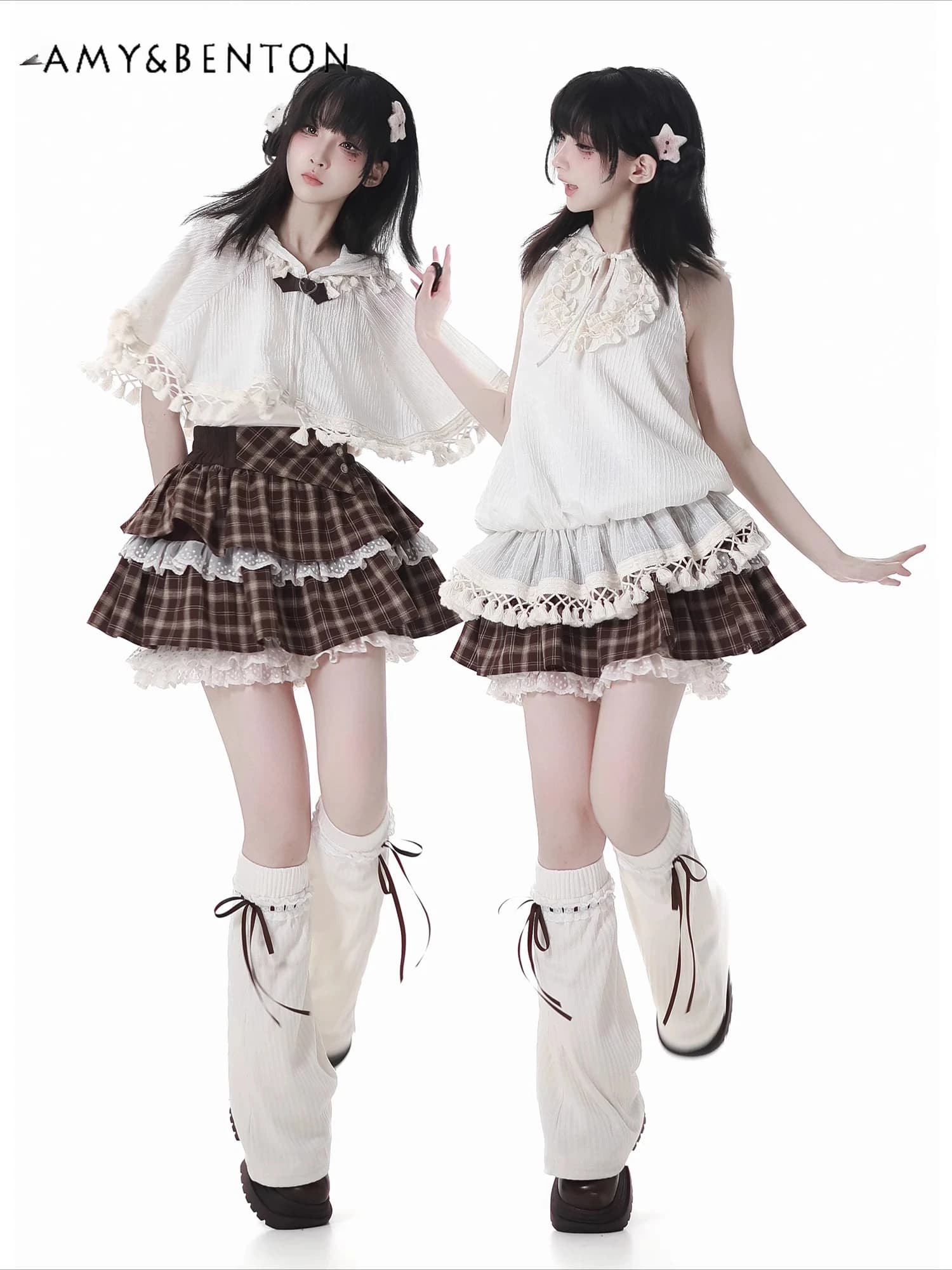 Sweetheart carino plaid set estate nuova bretella con cappuccio mantello a vita alta pizzo splicing tutu gonna Spice Girl Y2K set a due pezzi