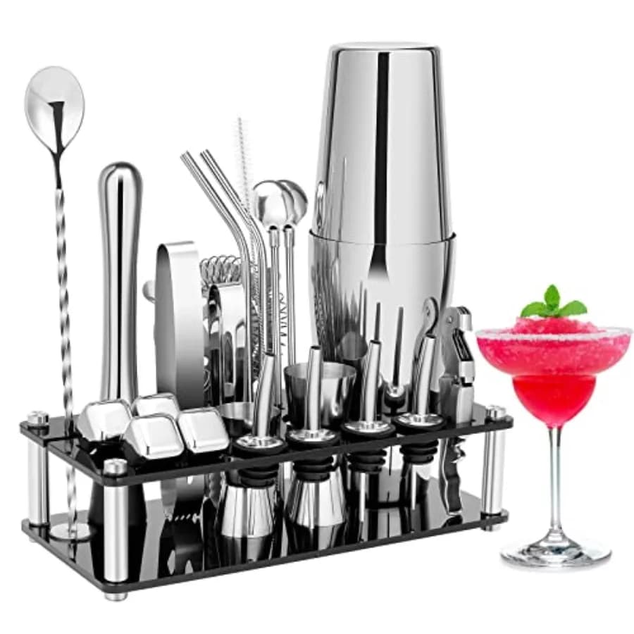 Set Shaker per Cocktail, Kit da Barman, Set di Strumenti da Bar in Acciaio Inox Boston con Supporto e Libretto di Ricette per Cocktail Fatti in Casa