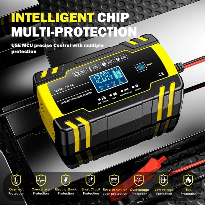 12V 24V SmartBattery Chargers Pulse Repair Chargers with LED Display Intelligent Mode Overvoltage Protections D7YA