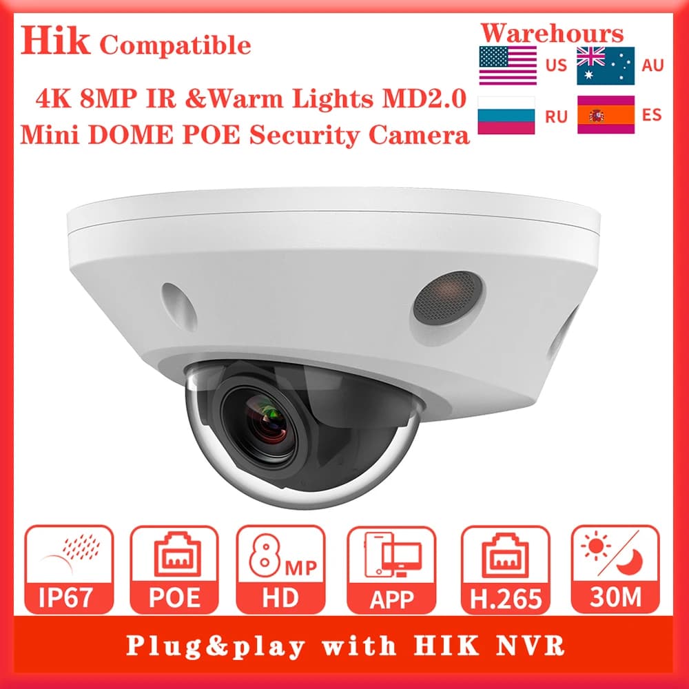Hikvision Compatible 4K 8MP IR&Warm Lights IP Camera MD2.0 with MIC Home video surveillance Mini DOME POE Security Camera