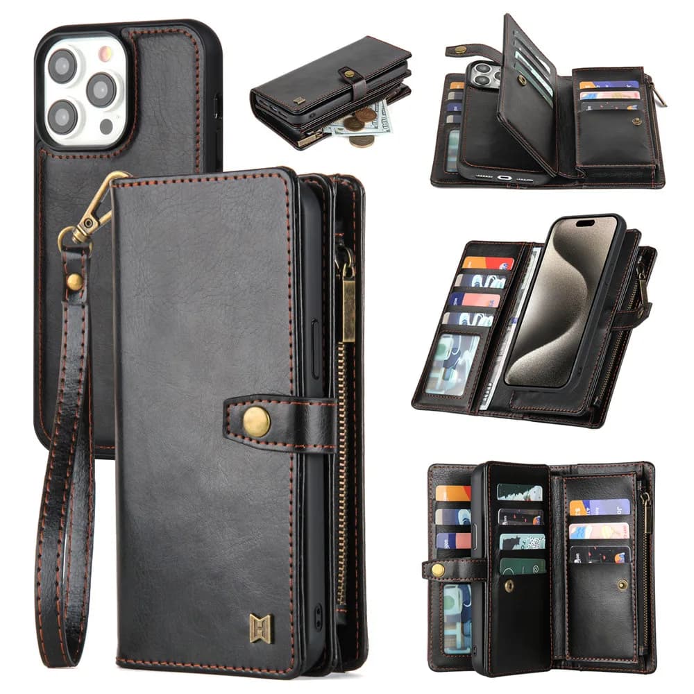 Custodia a portafoglio di lusso 2 in 1 con cerniera staccabile per iPhone 17 Pro Max Air 16 E 15 14 Plus 13 12 11 Custodia in pelle con vibrazione magnetica