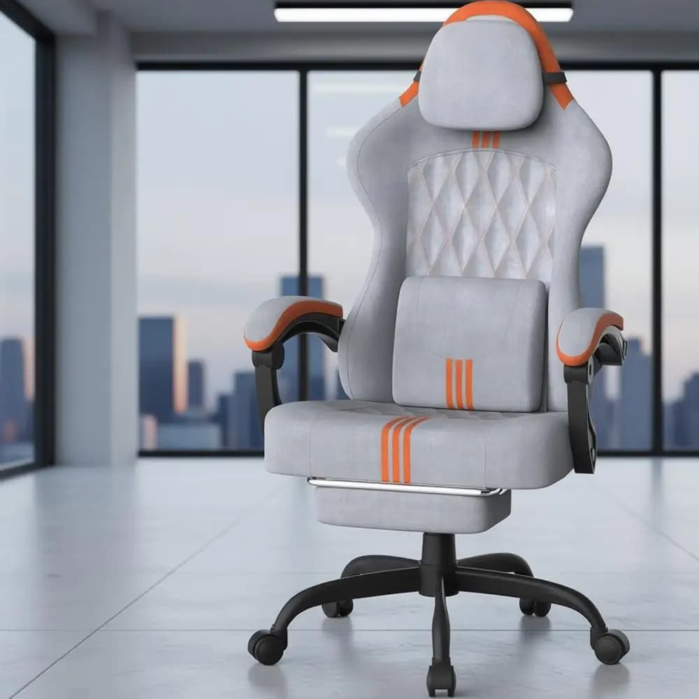 Sedia da gaming ergonomica con schienale alto con sedile ampio e massaggio lombare, grigio/arancione