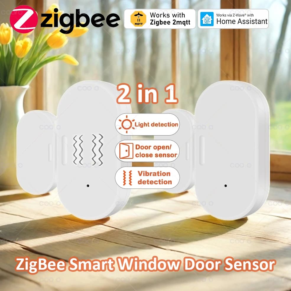 ZigBee Sensore per porte e finestre Lux Rilevamento luce/vibrazioni 2 in 1 Allarme magnetico wireless in tempo reale funziona con Alexa Google HA Z2M