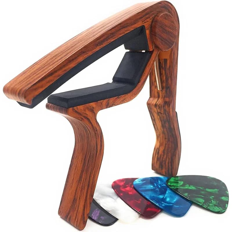 Capotasto per Chitarra Acustica ed Elettrica in Legno di Palissandro con 5 Plettri, Facile da Applicare su Chitarra e Ukulele, Materiale in Lega