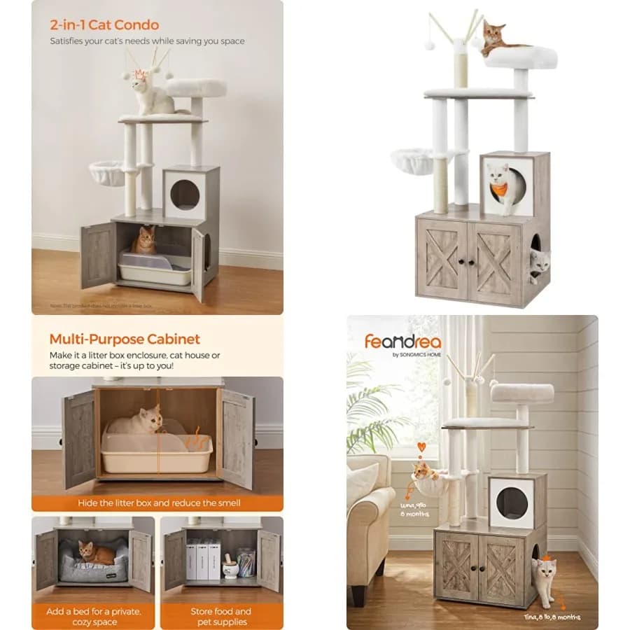 Albero per Gatti con Box Lettiera Integrato, Torre per Gatti Moderna da 150 cm, Condominio 2-in-1 con Tiragraffi, Cuscino Rimovibile Lavabile