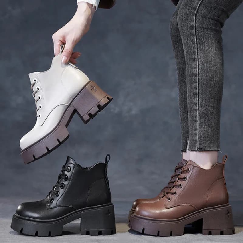 Women's Soft Leather Platform Boots Women's Boots with Side Hinge Round Toe Boots Women's Stringed Boots Shoes with Big British Style