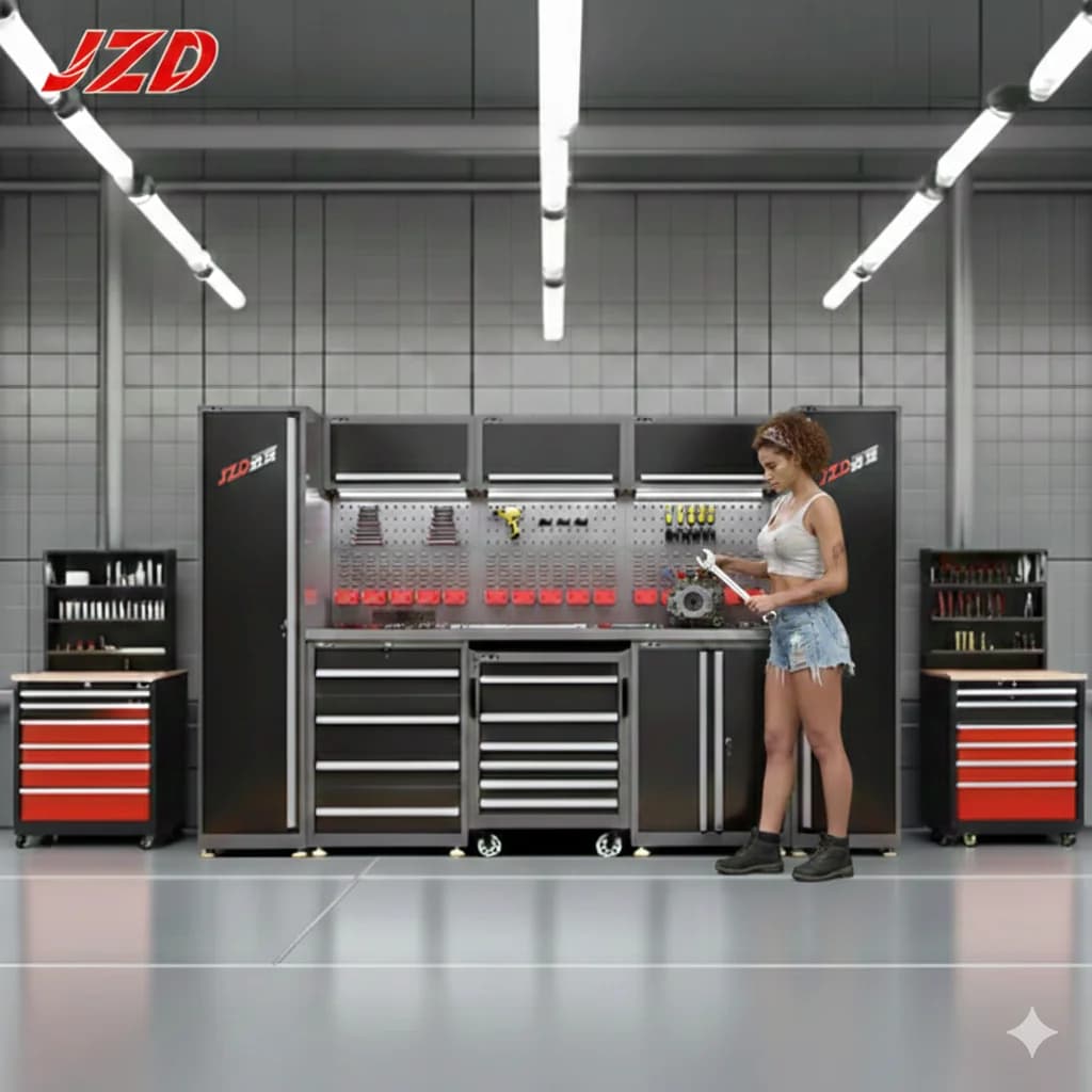 JZD Workshop Garage Storage Heavy Duty Iron Cabinet with Toolbox Hooks Plate Board
