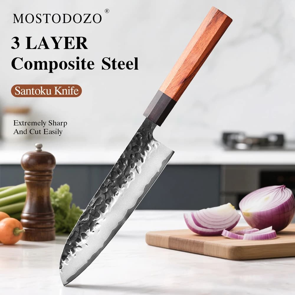 Coltello Santoku MOSTODOZO 7.5" Giapponese in Acciaio Composito a 3 Strati, Professionale per Cucina, Affettatura e Cottura, Coltello da Chef Fatto a Mano