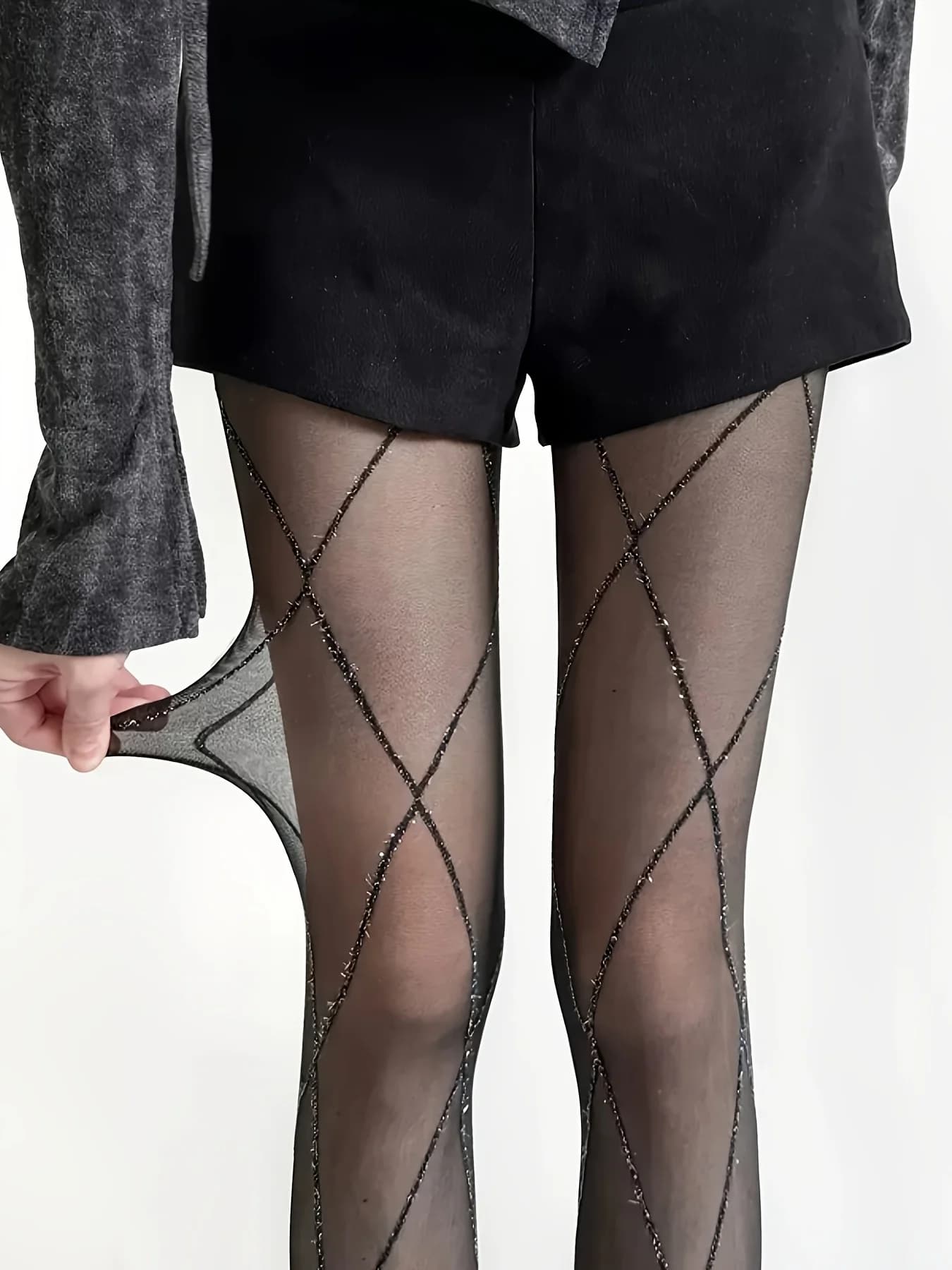 1 paio di collant da donna con motivo a rombi e leggings ultrasottili multicolor con filo argentato per la primavera e l'estate.