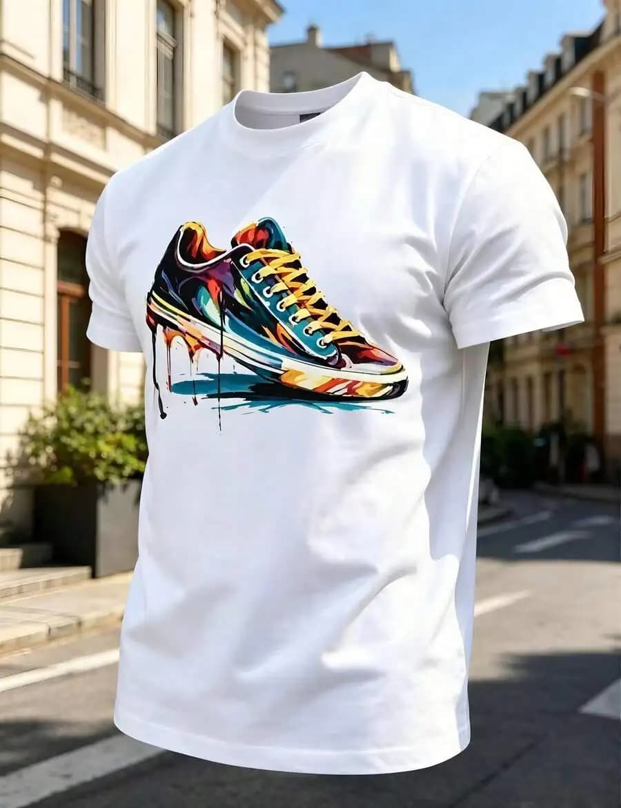 1pc Man S' Colorful Sneaker Art Print White TShirt Crew Neck Casual Cotton Tee Medium Stretch Knit Fabric Regular Fit For Boys M