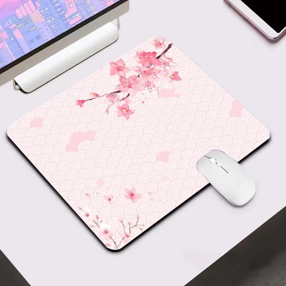 Tappetino per mouse XXL rosa con fiori di ciliegio, tappetino da scrivania floreale giapponese, base in gomma antiscivolo, configurazione per il gaming