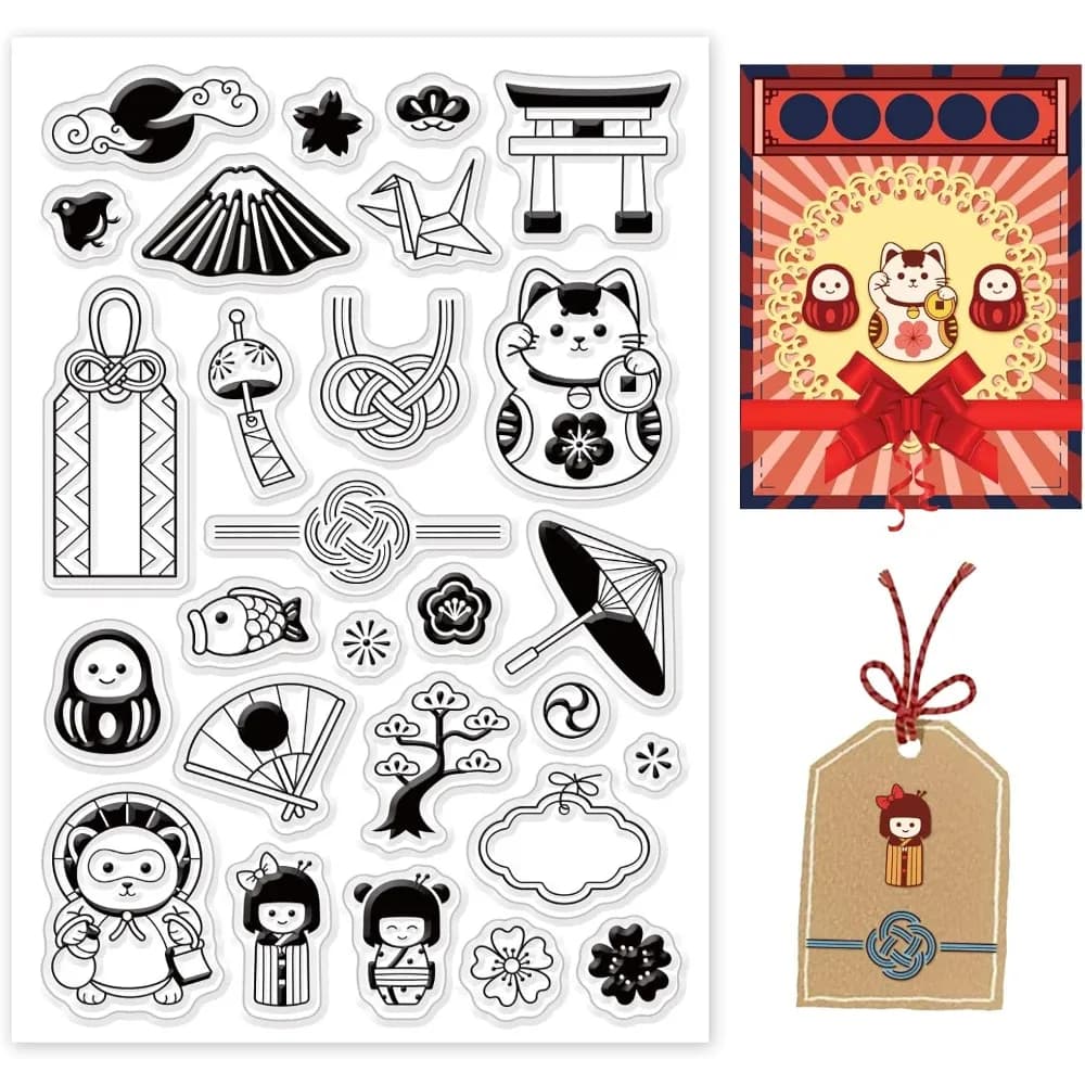Japanese Theme Clear Stamps, Folding Fan/Umbrella/Thousand Paper Cranes/Lucky Cat Pattern Journal Stamps Set for Paper Card