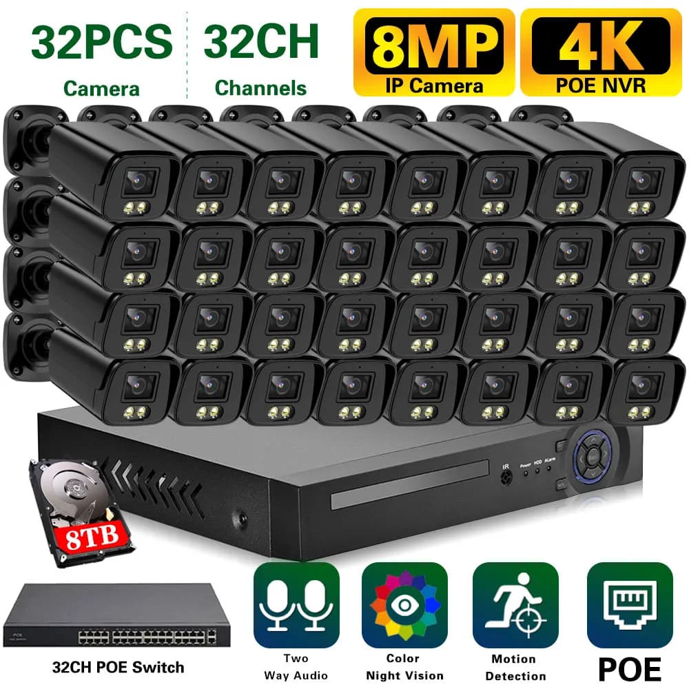 32-channel NVR Kit Security System for 8 MP POE CCTV Camera Set of video surveillance cameras for night color vision 32CH 4K NVR