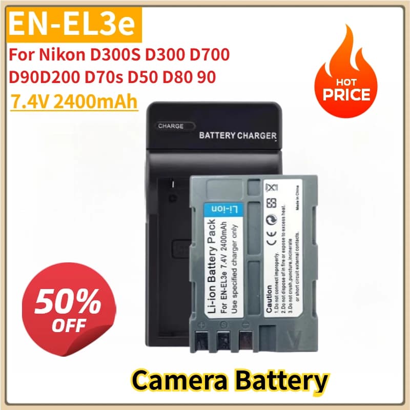 Nuova batteria di ricambio per fotocamera EN-EL3e 7.4V 2400mAh con caricabatterie per fotocamera Nikon D300S D300 D700 D90 D200 D70s D50 D80 90