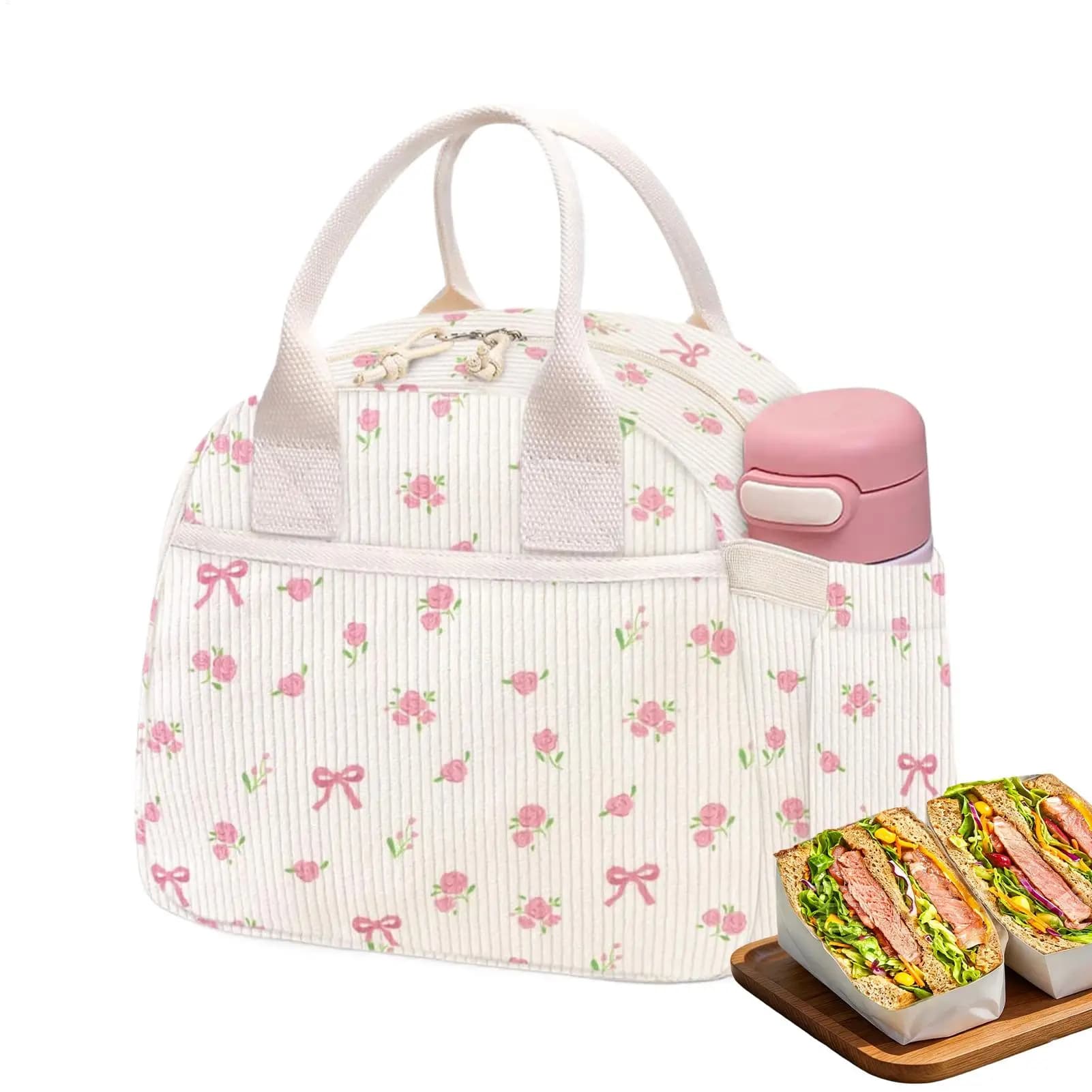 Pink Lunch Box Corduroy Large Capacity Leakproof Reusable Portable Waterproof Insulated Bag For Women Girls Office School