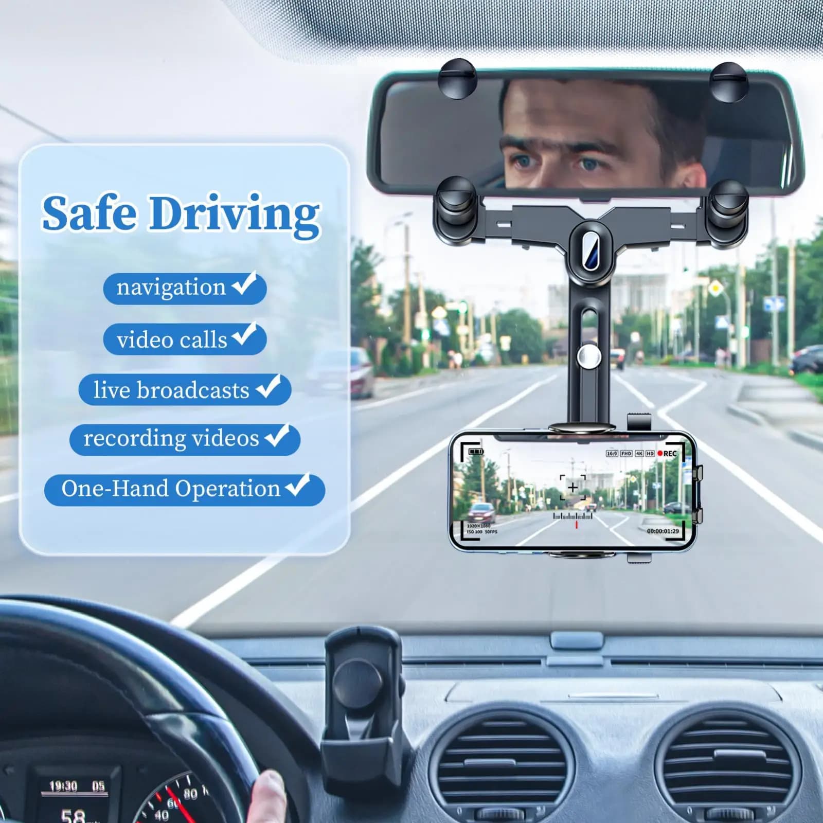 Supporto per telefono specchietto retrovisore per auto per telefoni al 99% Stabile Regolabile Resistente all'usura Conveniente 360 ° Girevole e retrattile