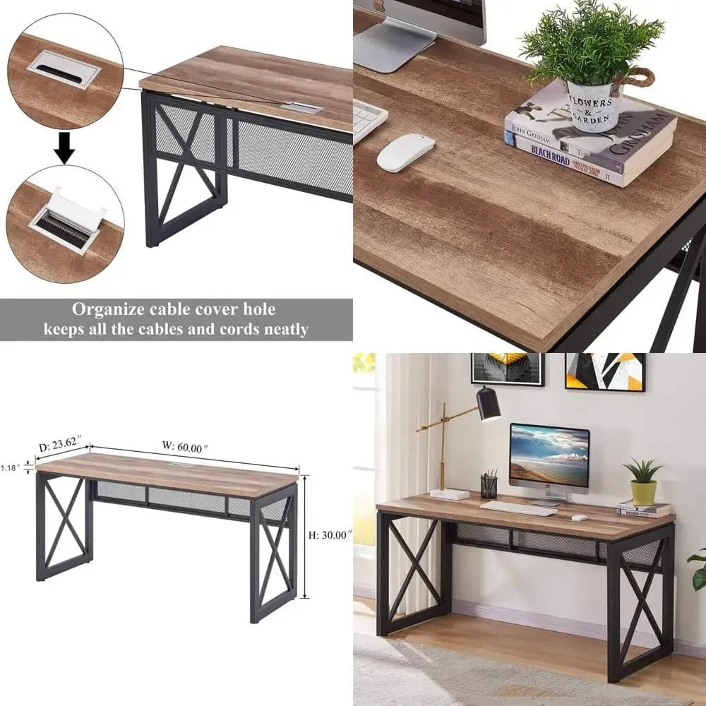 Bestseller: Scrivania resistente per ufficio domestico, postazione di lavoro spaziosa in legno e metallo, tavolo da gaming in stile rustico (60 pollici)