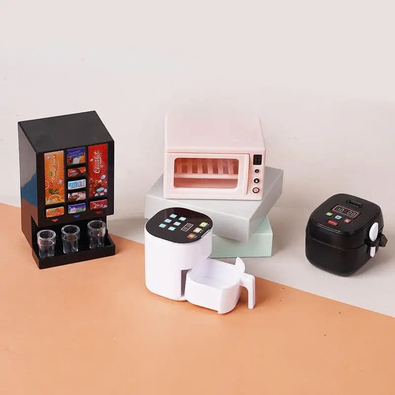 Set of mini kitchen toys for doll house 1/12 with air frying oven and models of beverage machines for children's play