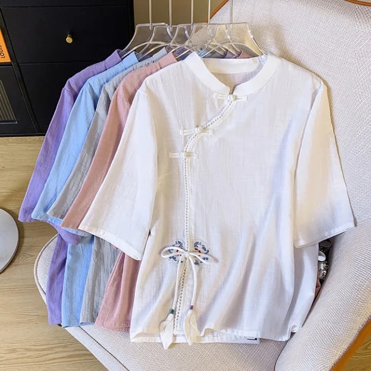New Chinese Style Women's Cotton Linen Shirt Collar Stand-Up Sleeve Five-Bound Button Side Slit Tea Costume Loose Fit Summer