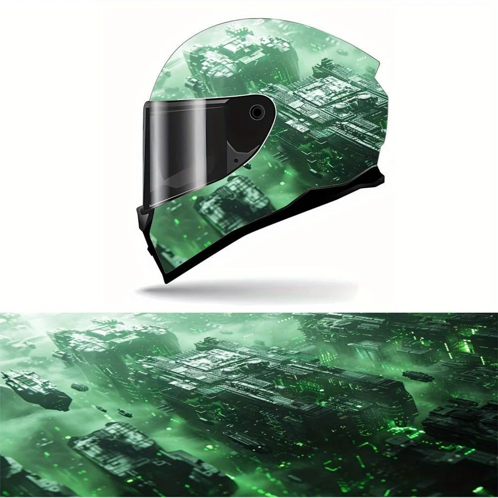 Grafica adesiva a tema cyberpunk con skyline futuristico fluorescente verde, adesivo grafico per decalcomanie per casco da motociclista in vinile, vinile st