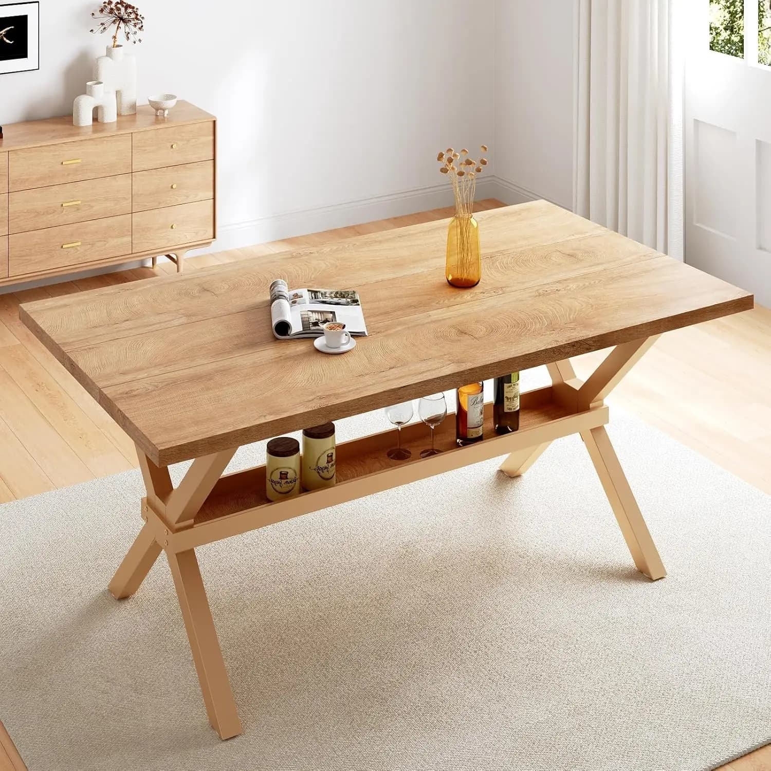 63" Dining Table with Storage Shelves MDF Top Metal Legs Kitchen Dining Room Small Space, Custom