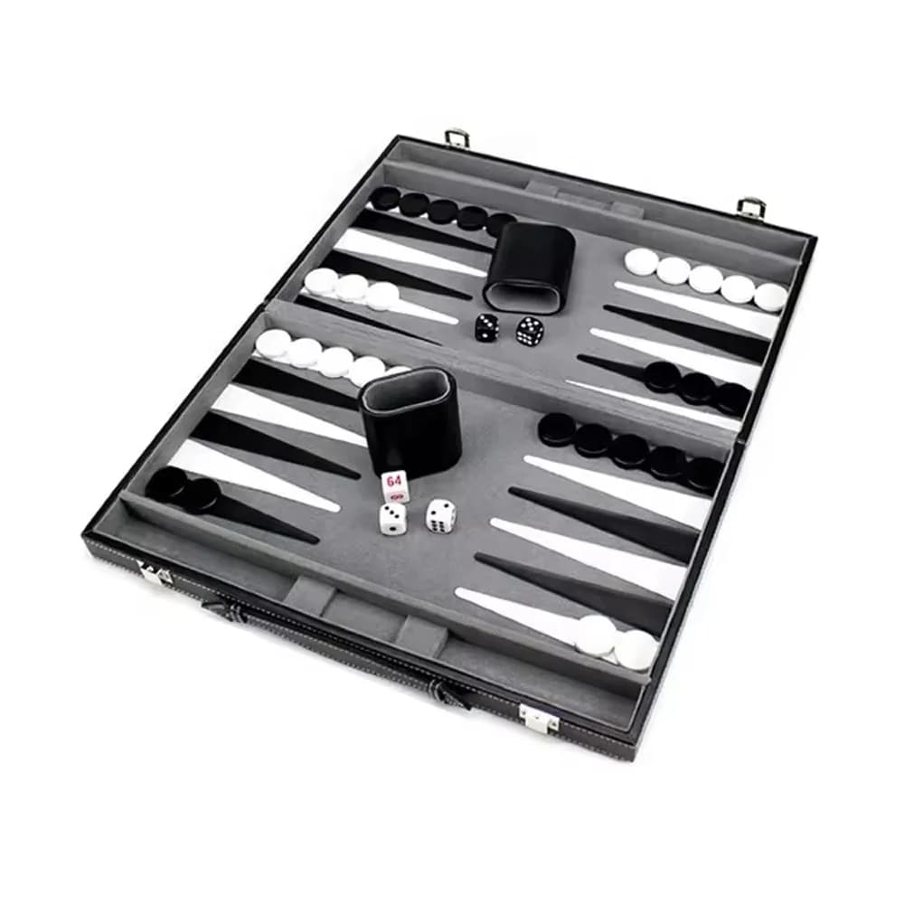 Portable leather backgammon set for playing Western-style chess games indoors and outdoors