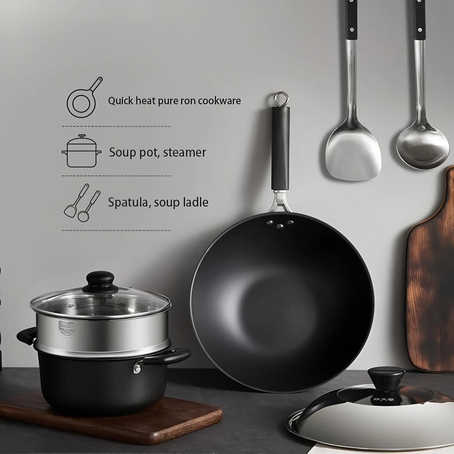 COOKER KING Set Wok in Ferro Nitrurato 30cm, Padella per Saltare in Padella Senza Rivestimento, Vaporiera 22cm, Vaporiera in Acciaio Inox 304 e Utensili - Compra 1 e Ricevi 4 Gratis