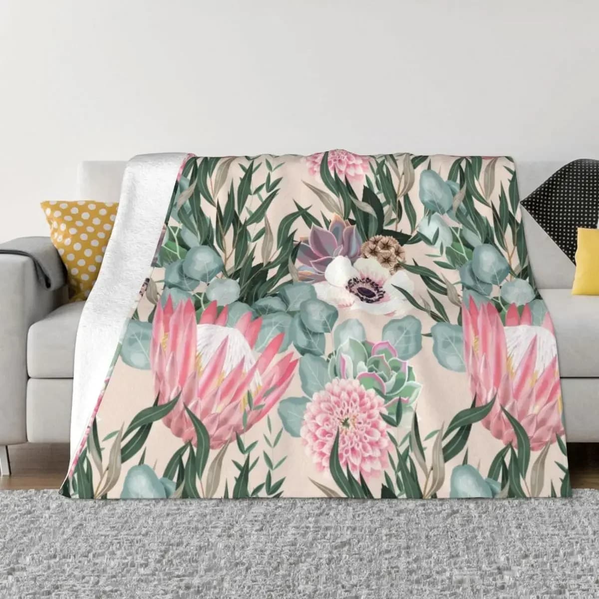 Modello vettoriale senza cuciture con protea e verde Coperta Copriletto Coperte trapuntate per divano
