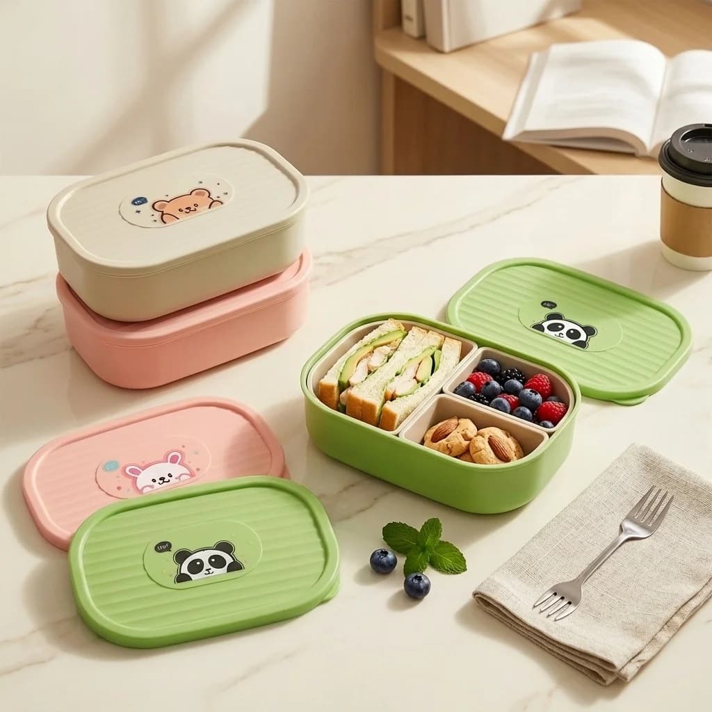 Simpatica scatola porta pranzo in plastica con scomparti per bambini e studenti, portatile, sigillata, staccabile, con 3 scomparti, contenitore per frutta, insalata e alimenti, adatta al microonde.