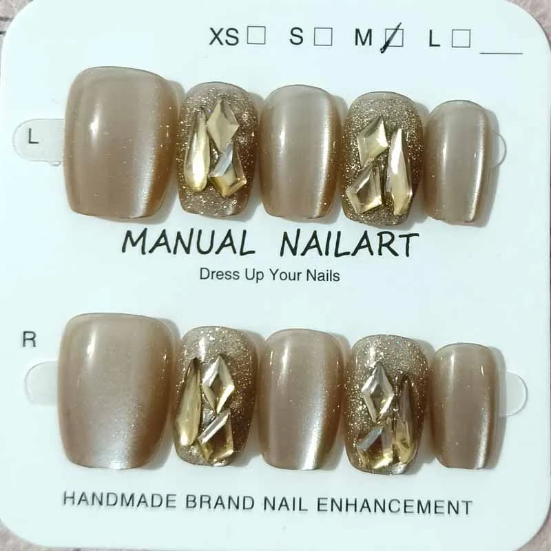 10Pcs Women High-fashion Champagne Cat Eyes Naked Color Handmade Design Press on Nails Fake Nail Tips Daily Wear Nail Art