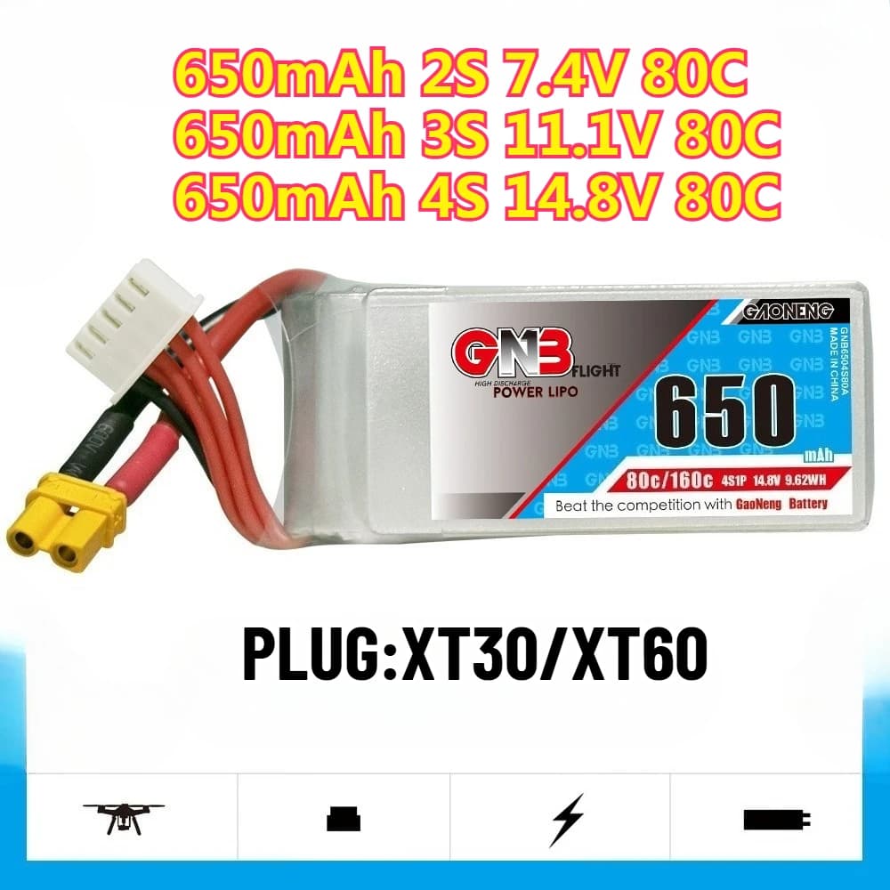 Batteria Lipo 650mAh 80C con connettore XT30/XT60 per FPV Racing Drone 4 assi RC Quadcopter Elicottero 2S 7.4V/3S 11.1V/4S 14.8V