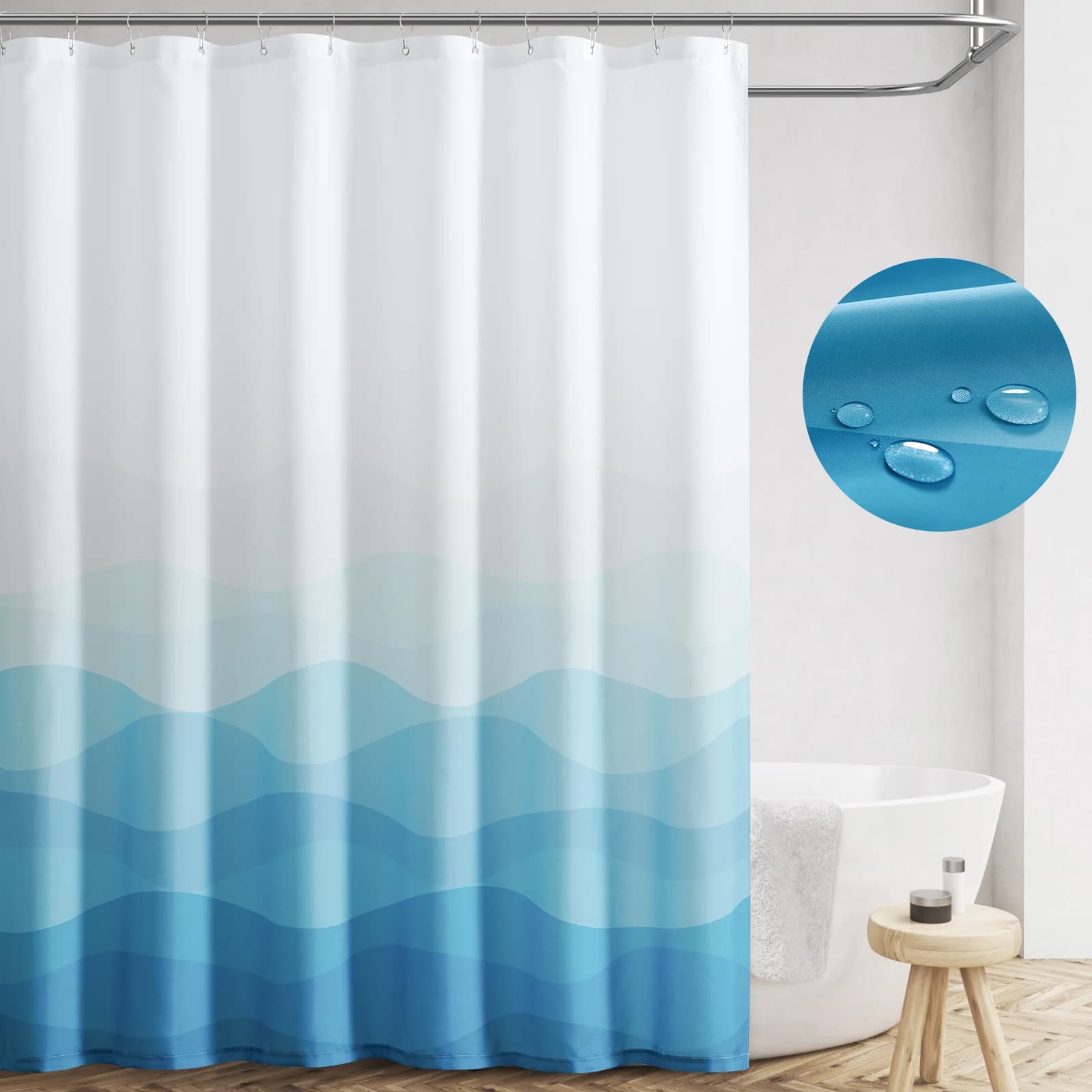 Tenda da doccia Ombre, design Coastal Beach Wave, da blu a bianco, in poliestere, lavabile in lavatrice, include ganci