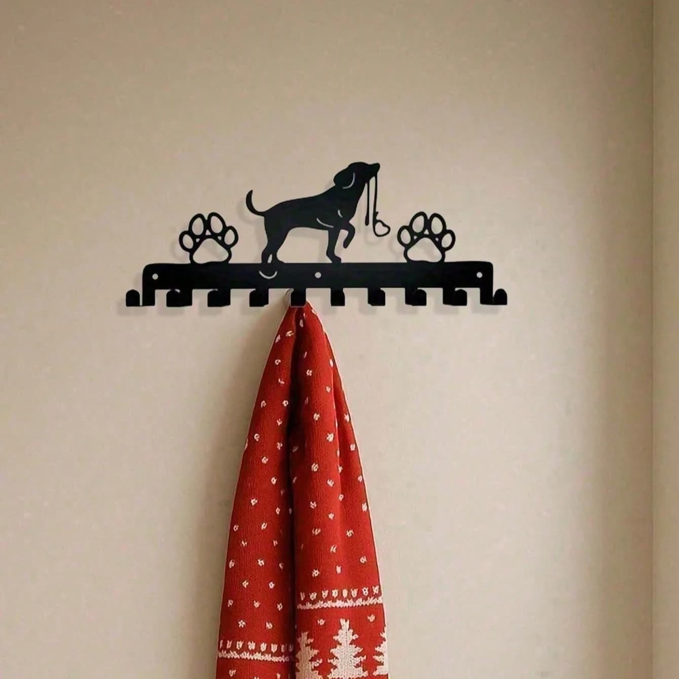 Farmhouse Wall Organizer with Dog Hooks – Rustic Metal Shelf, Entryway Key Holder Coat Rack, Dog-Shaped Hangers for Leashes Keys Towels, Kitchen Utensil Storage, Cute Pet Lover Decor
