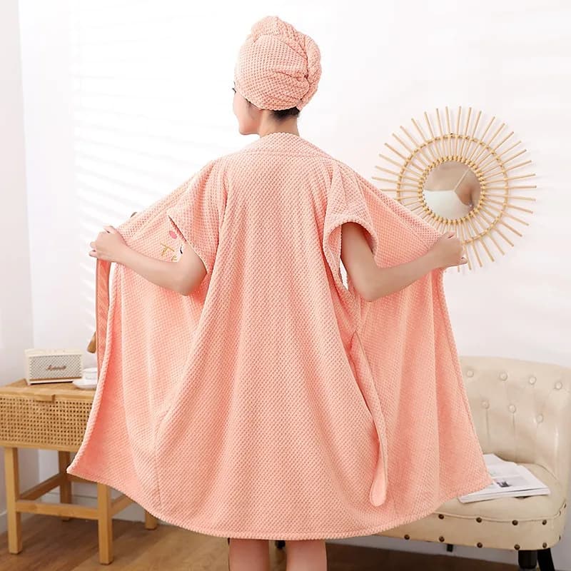 Often coral fleece women's bathrobe with pineapple grill pattern, wearable towel with cross belt, for home and spa